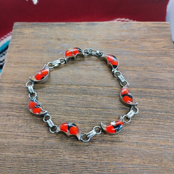Vtg 950 Sterling Silver Red Black Ladybug Peruvian Huayruro Seed Link Bracelet - Picture 2 of 5